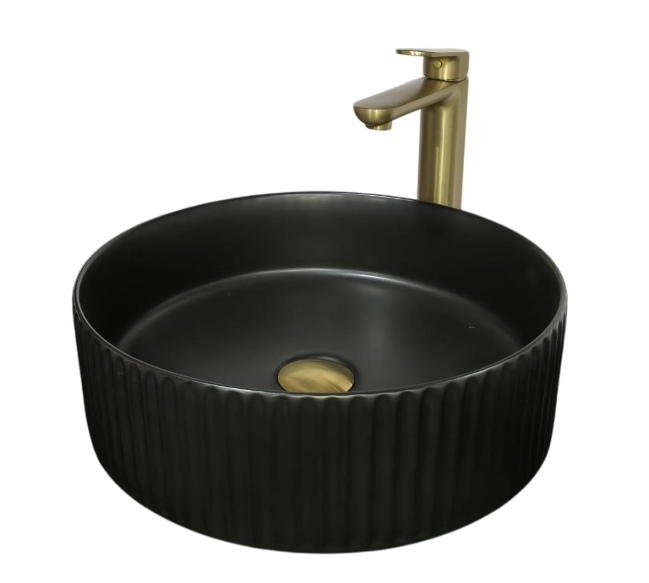 Counter Top Round Wash Basin Bundle With Tall Mixer Tap 1001123MB Bundle Black Gold Series